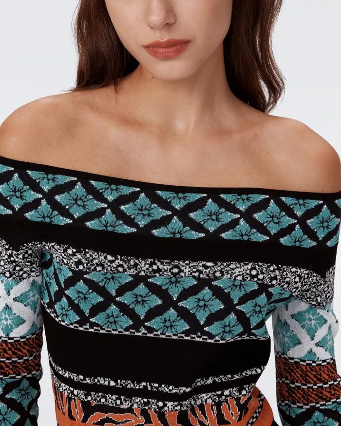 DVF Dresses Women Ellanor Knit Jacquard Dress Multicolor Retro Stripe