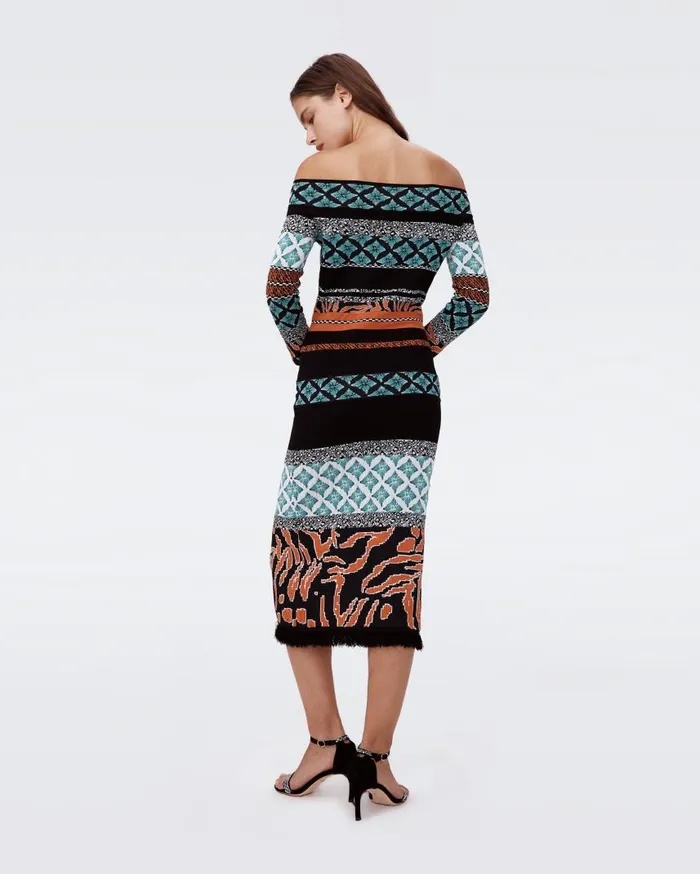DVF Dresses Women Ellanor Knit Jacquard Dress Multicolor Retro Stripe