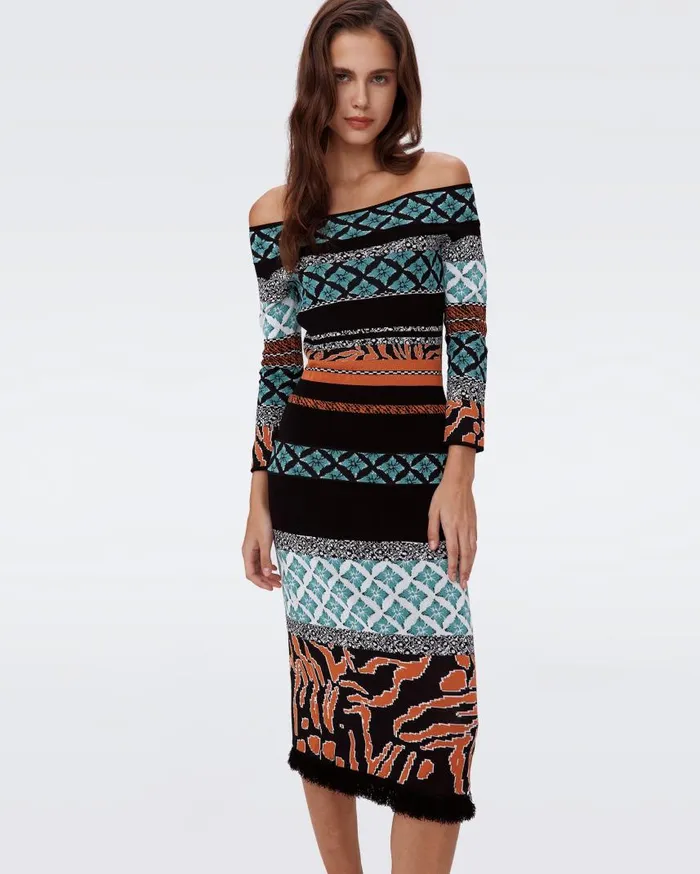 DVF Dresses Women Ellanor Knit Jacquard Dress Multicolor Retro Stripe