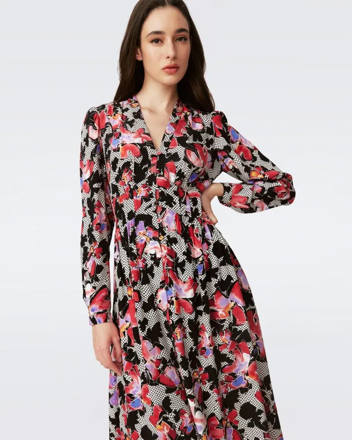 DVF Dresses Women Erica Long Sleeve Midi Dress Odette Floral