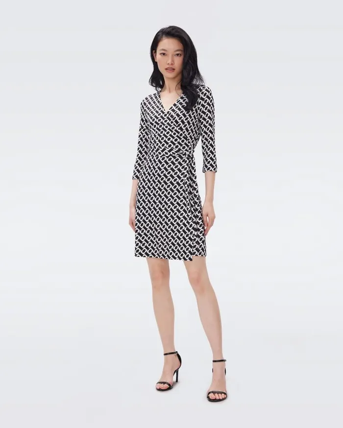 DVF Dresses Women Julian Silk Jersey Wrap Dress Chain Link Medium Black