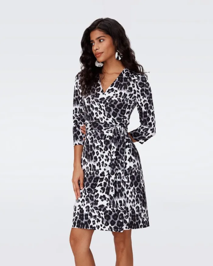 DVF Dresses Women Julian Silk Jersey Wrap Dress Heritage Snow Cheetah