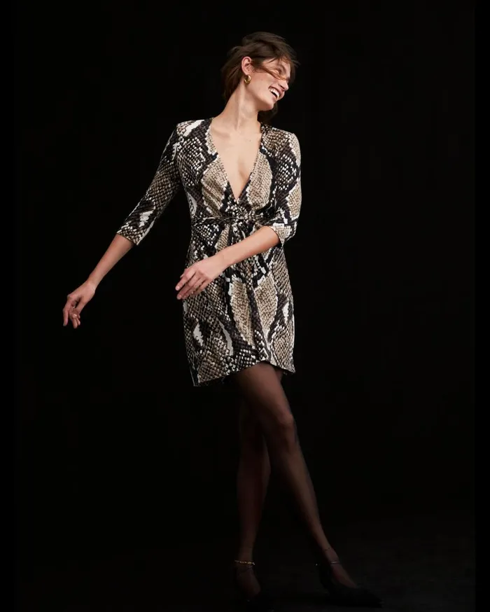 DVF Dresses Women Julian Silk Jersey Wrap Dress Huge Python Brown