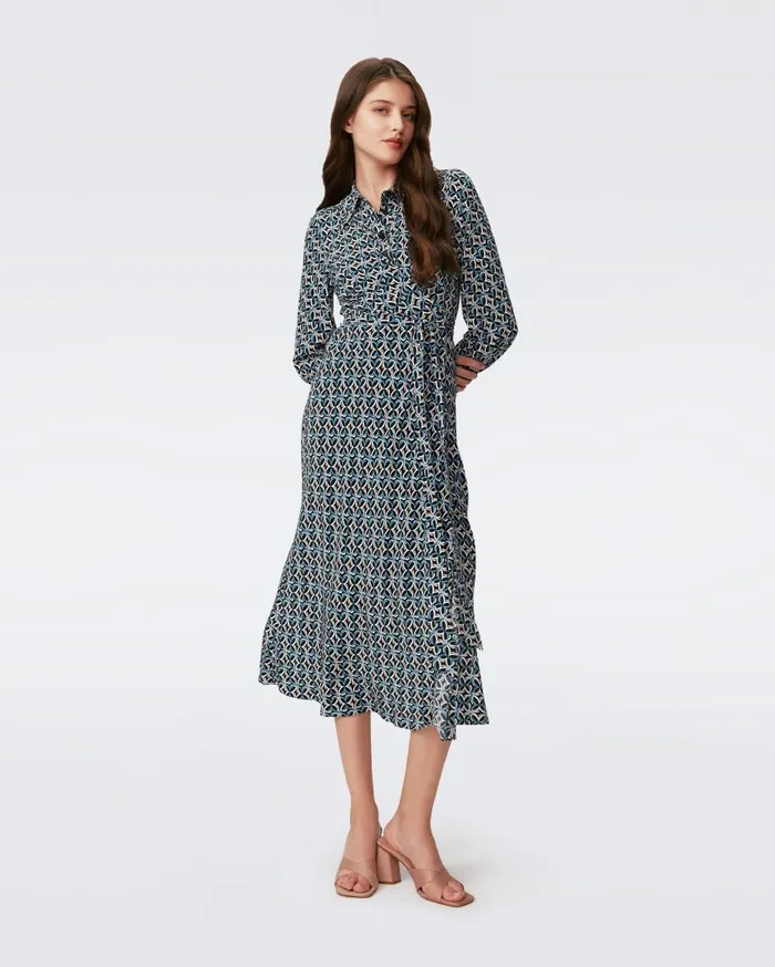 DVF Dresses Women Tori Wrap Dress Tiny Gig Tile Blue