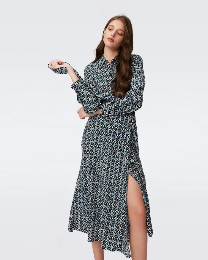 DVF Dresses Women Tori Wrap Dress Tiny Gig Tile Blue