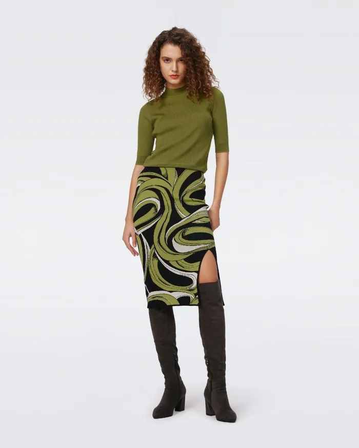 DVF Skirts Women Lyla Knit Jacquard Skirt Huge Cassette Tape Shadow Green