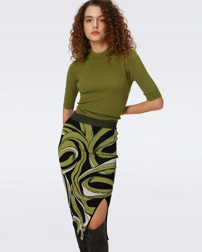 DVF Skirts Women Lyla Knit Jacquard Skirt Huge Cassette Tape Shadow Green