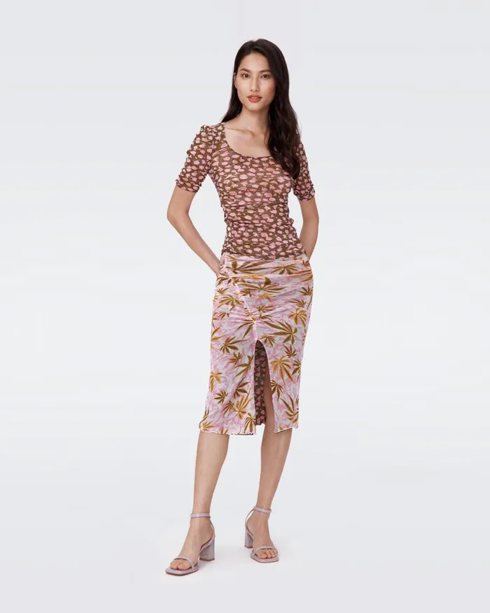 DVF Skirts Women Willow Reversible Mesh Skirt Canabis Pink And Rose Showers Khaki
