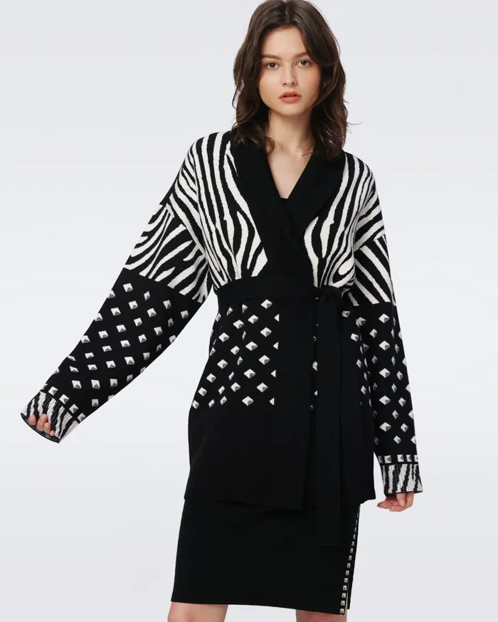 DVF Sweaters and Knits Women Lee Knit Jacquard Cardigan Zebra Ivory And Cube Dot