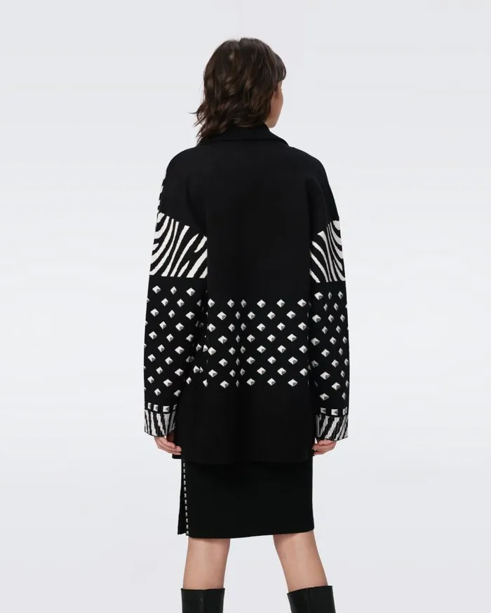 DVF Sweaters and Knits Women Lee Knit Jacquard Cardigan Zebra Ivory And Cube Dot
