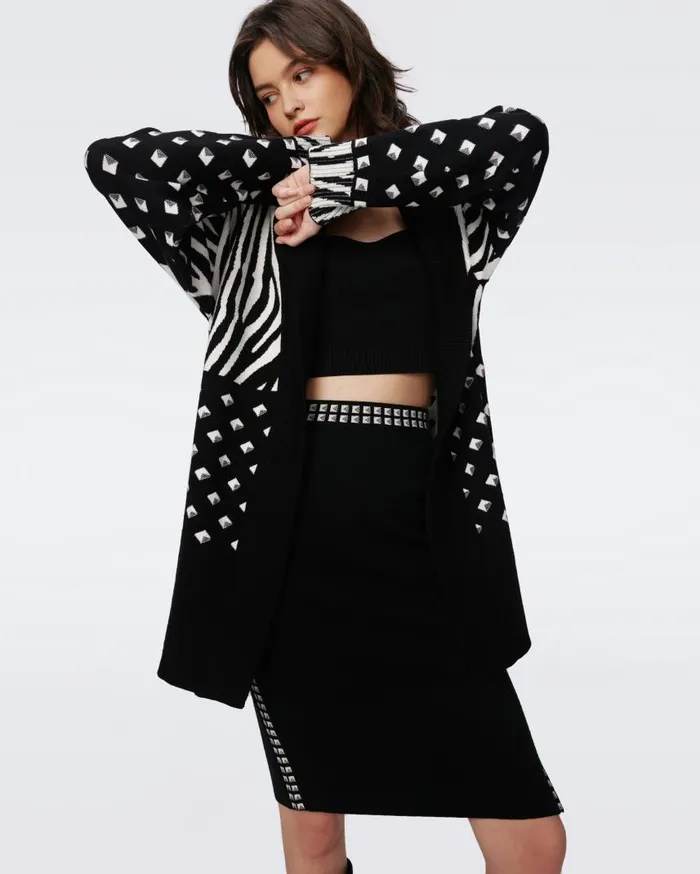 DVF Sweaters and Knits Women Lee Knit Jacquard Cardigan Zebra Ivory And Cube Dot
