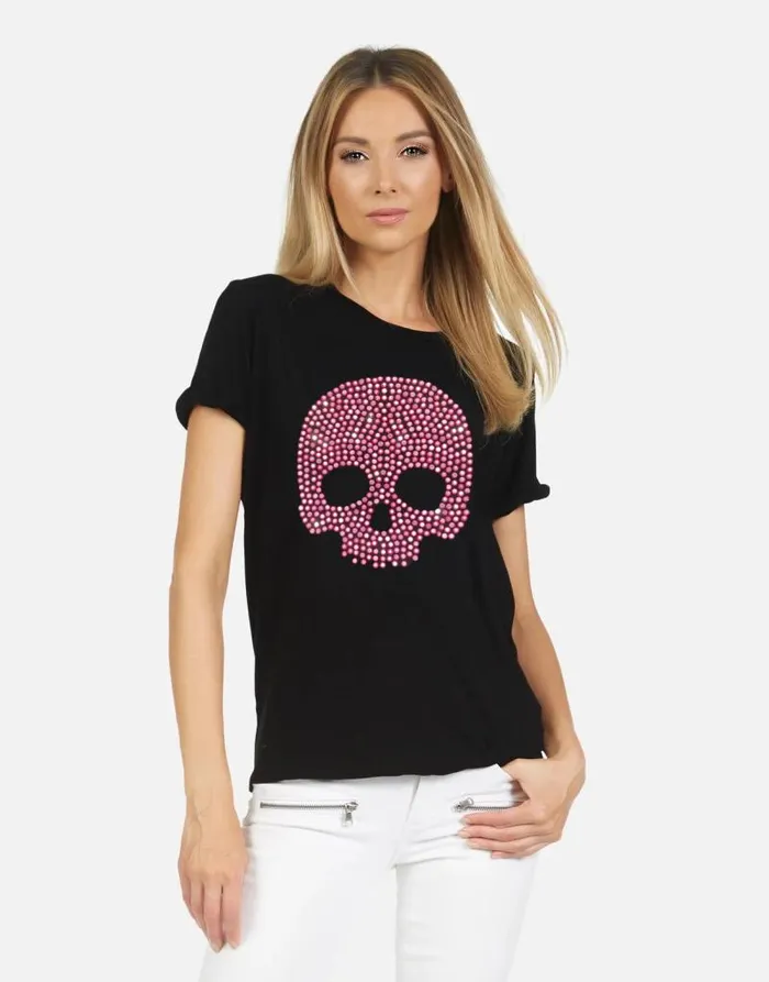 Edda X Pink Stud Skull Black Women Lauren Moshi Short Sleeve