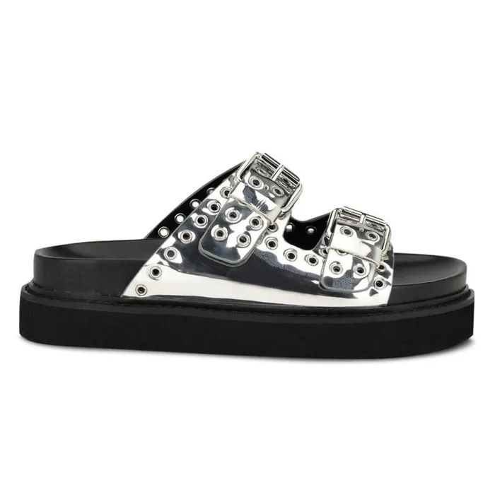Eleny Buckle Slide Sandals Silver Women Nine West Sandals