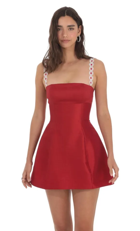 Embroidered Strap Flare Dress Red Women LUCY IN THE SKY Mini Dresses