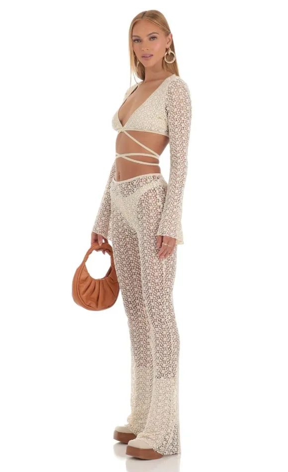 Embroidered Three Piece Pants Set Ivory Women LUCY IN THE SKY Pants Embroidered Three Piece Pants Set Ivory Women LUCY IN THE SKY Pants