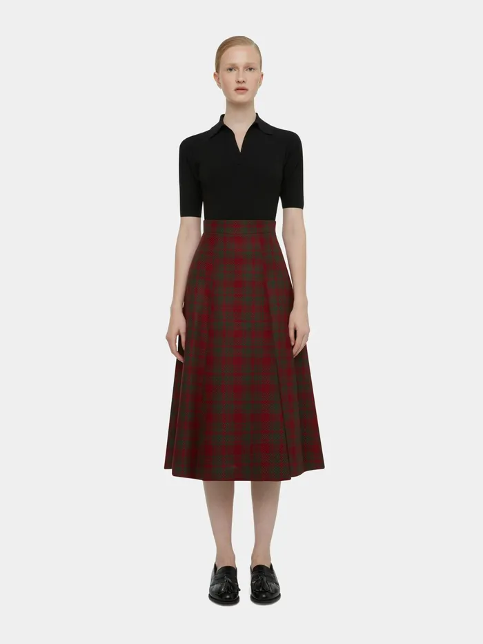 Emilia Wickstead Kensie Skirt In Burgundy and Green Check Merino Shetland Women Skirts