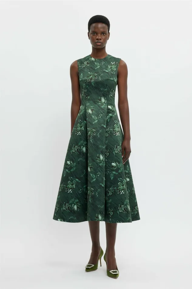 Emilia Wickstead Mara Dress In Green Roses On Marble Print Taffeta Faille Women Dresses Emilia Wickstead Mara Dress In Green Roses On Marble Print Taffeta Faille Women Dresses