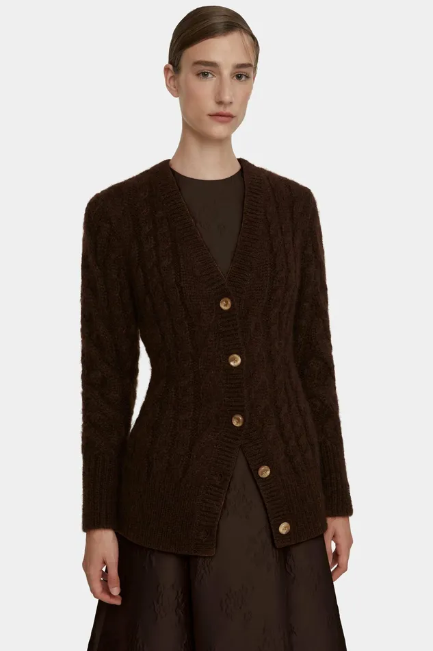 Emilia Wickstead Ross Cable Knit Cardigan In Chocolate Mohair Women Knitwear Emilia Wickstead Ross Cable Knit Cardigan In Chocolate Mohair Women Knitwear