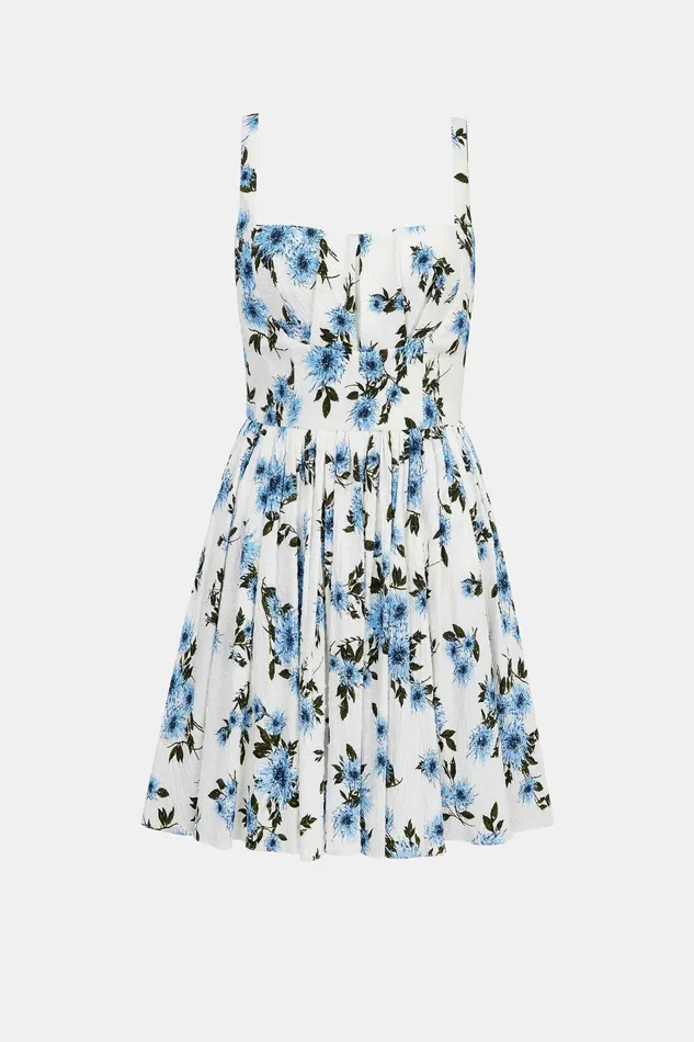 Emilia Wickstead Tine Dress Blue Dahlia Floral Print Bibione Cotton Women Dresses