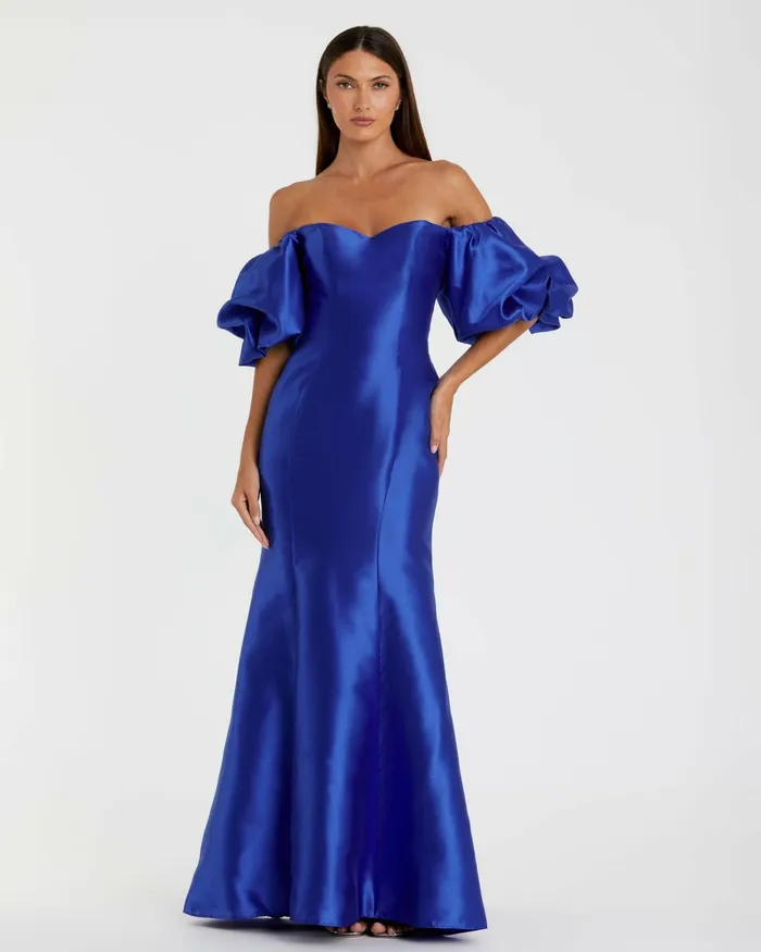 Evening Gowns Blue Sweetheart Off The Shoulder Puff Sleeve Gown Royal Blue Mac Duggal Women