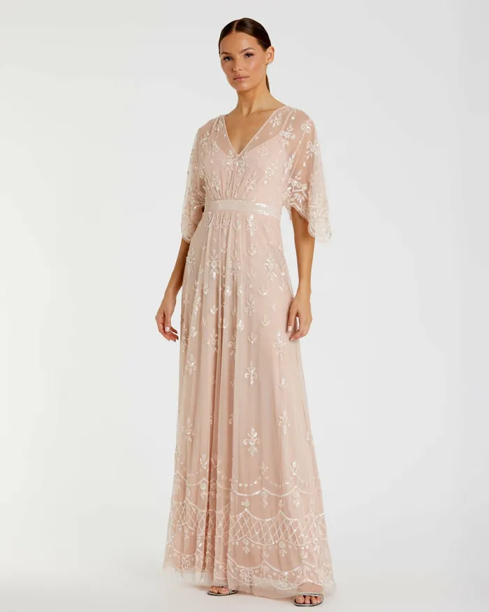 Evening Gowns Mac Duggal Women V Neck Flounce Sleeve Embellished Mesh Gown Blush