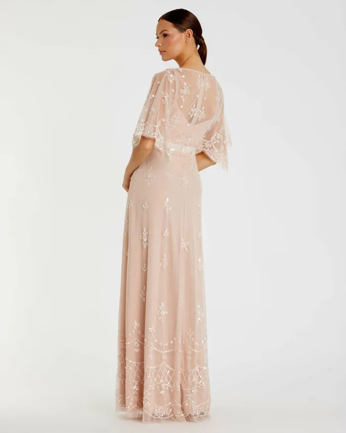 Evening Gowns Mac Duggal Women V Neck Flounce Sleeve Embellished Mesh Gown Blush