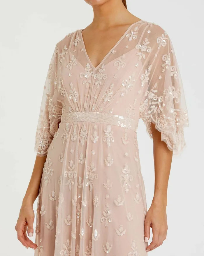 Evening Gowns Mac Duggal Women V Neck Flounce Sleeve Embellished Mesh Gown Blush