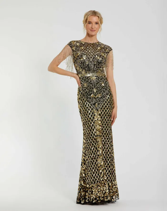 Evening Gowns Women Black High Neck Sleeveless Beaded Fringe Fitted Gown Black Gold Mac Duggal