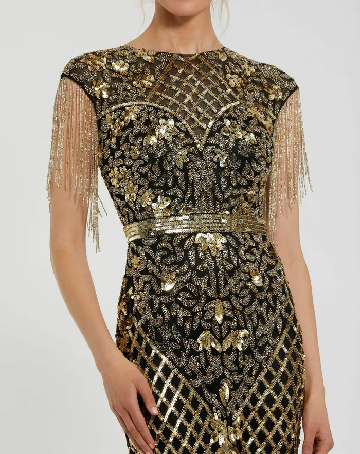Evening Gowns Women Black High Neck Sleeveless Beaded Fringe Fitted Gown Black Gold Mac Duggal