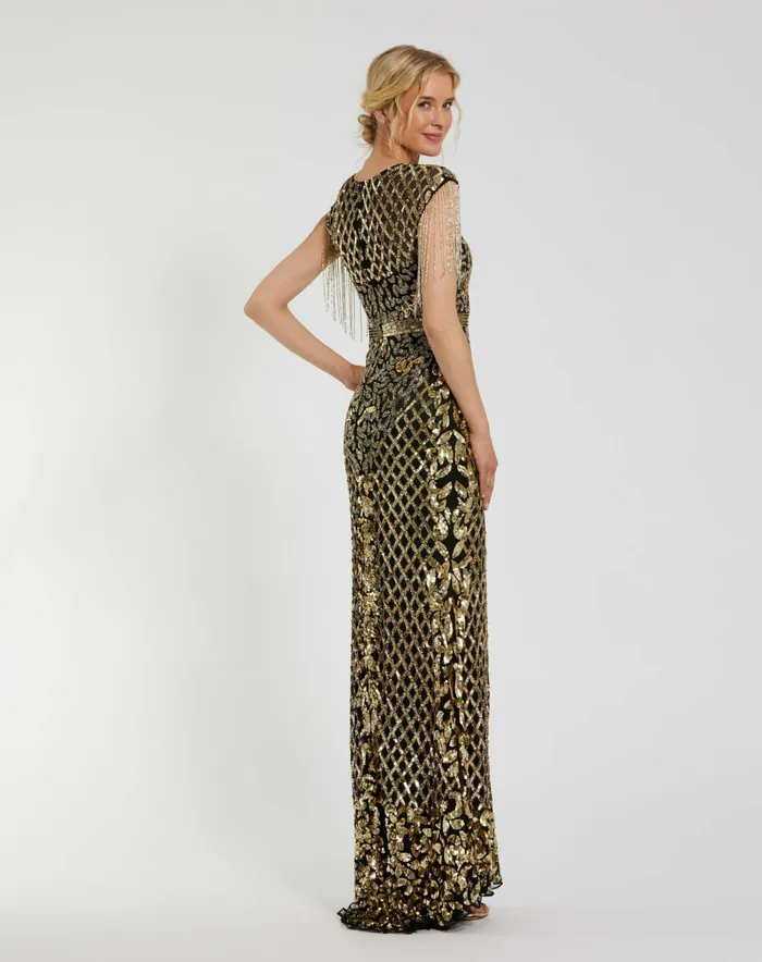 Evening Gowns Women Black High Neck Sleeveless Beaded Fringe Fitted Gown Black Gold Mac Duggal