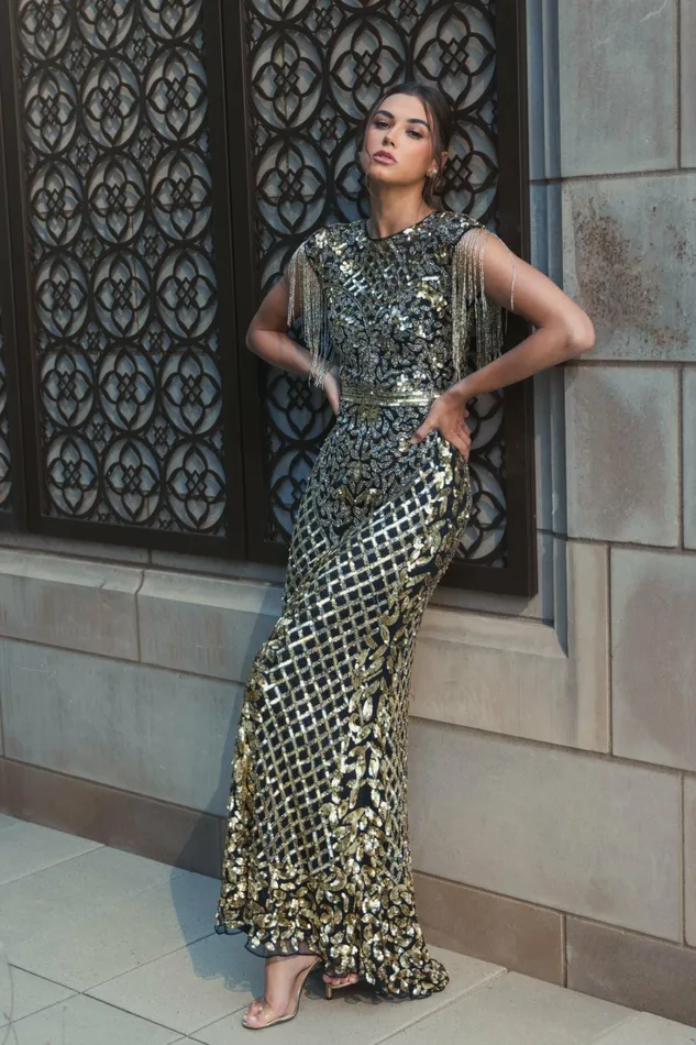 Evening Gowns Women Black High Neck Sleeveless Beaded Fringe Fitted Gown Black Gold Mac Duggal
