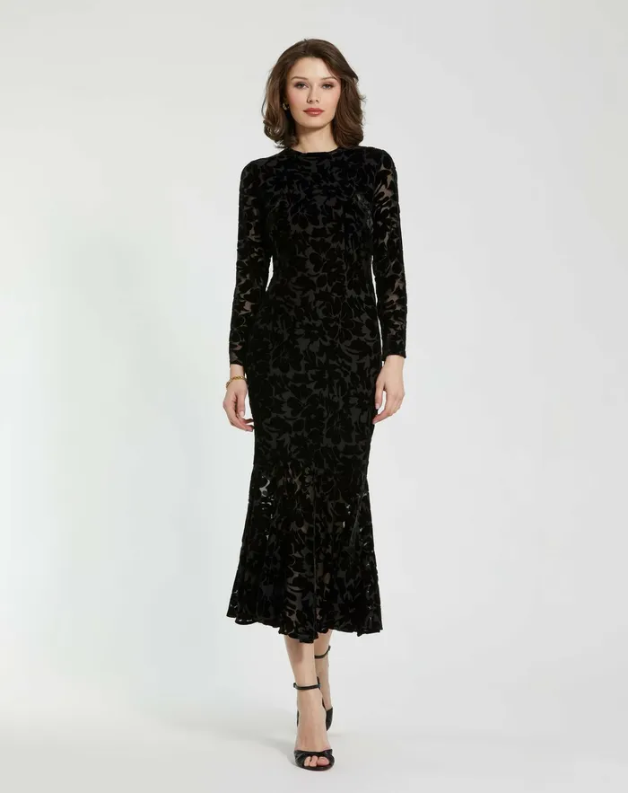 Every Day Dresses Women Burnout Velvet Long Sleeve Ruffle Hem Midi Dress Black Mac Duggal Every Day Dresses Women Burnout Velvet Long Sleeve Ruffle Hem Midi Dress Black Mac Duggal