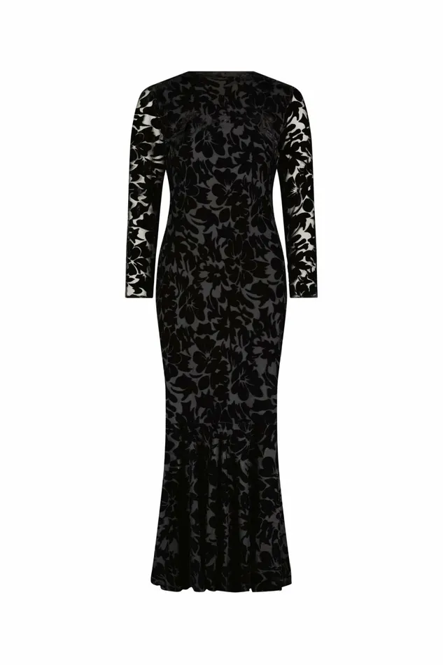 Every Day Dresses Women Burnout Velvet Long Sleeve Ruffle Hem Midi Dress Black Mac Duggal