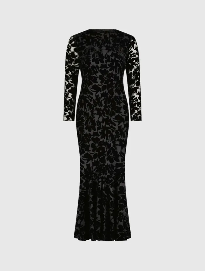 Every Day Dresses Women Burnout Velvet Long Sleeve Ruffle Hem Midi Dress Black Mac Duggal