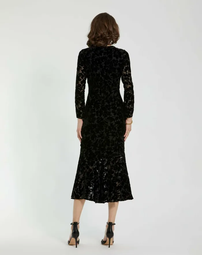 Every Day Dresses Women Burnout Velvet Long Sleeve Ruffle Hem Midi Dress Black Mac Duggal