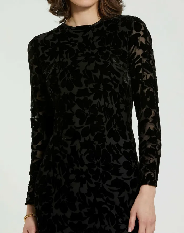 Every Day Dresses Women Burnout Velvet Long Sleeve Ruffle Hem Midi Dress Black Mac Duggal