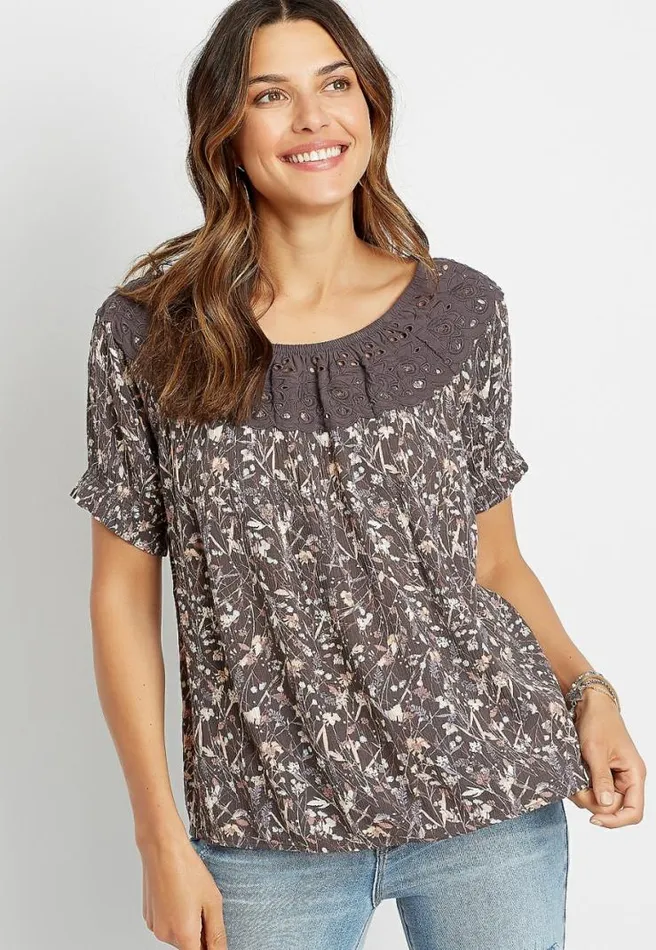 Eyelet Floral Short Sleeve Top Women Maurices Tops