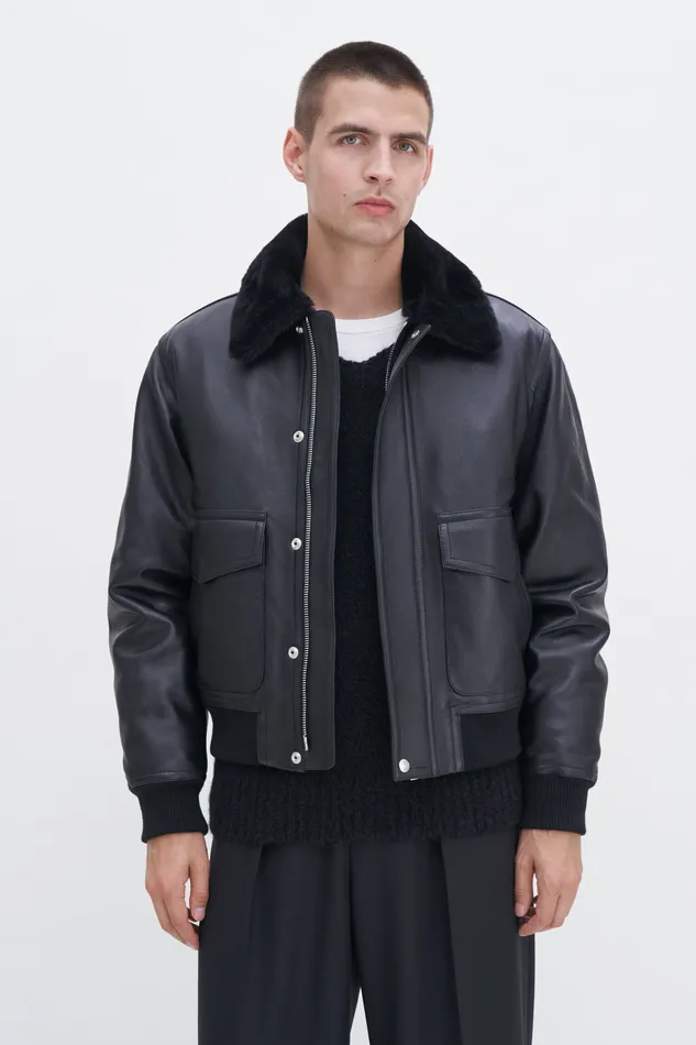 filippak Coats and Jackets Men Leather Aviator Jacket Black