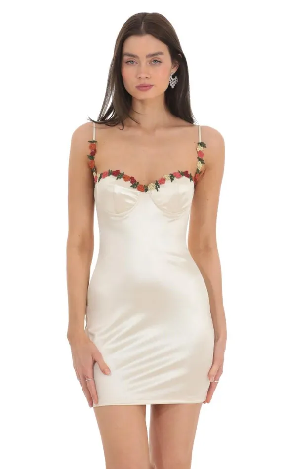 Floral Embroidered Trim Satin Dress Cream Women LUCY IN THE SKY Mini Dresses