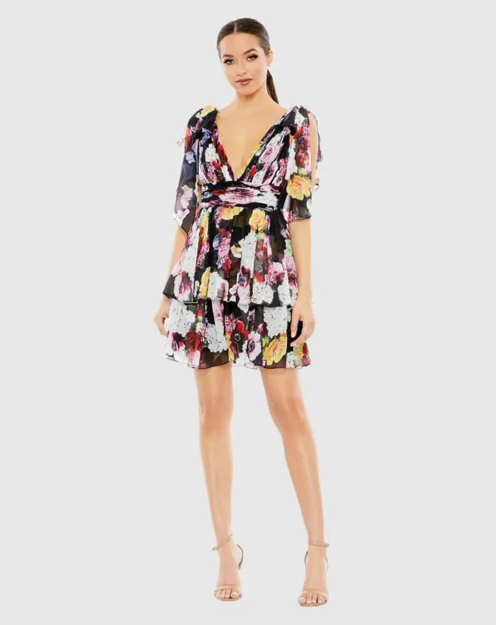 Floral Print Ruffled Sleeveless Soft Tie Dress Multi Women Daytime Dresses Mac Duggal