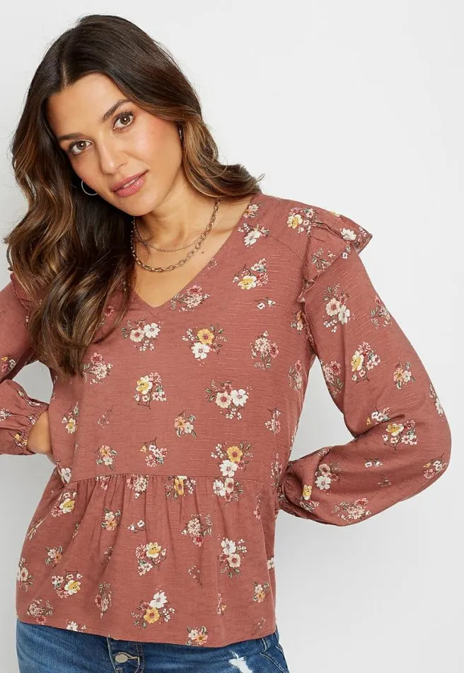 Floral Ruffle Trim Babydoll Top Women Maurices Tops