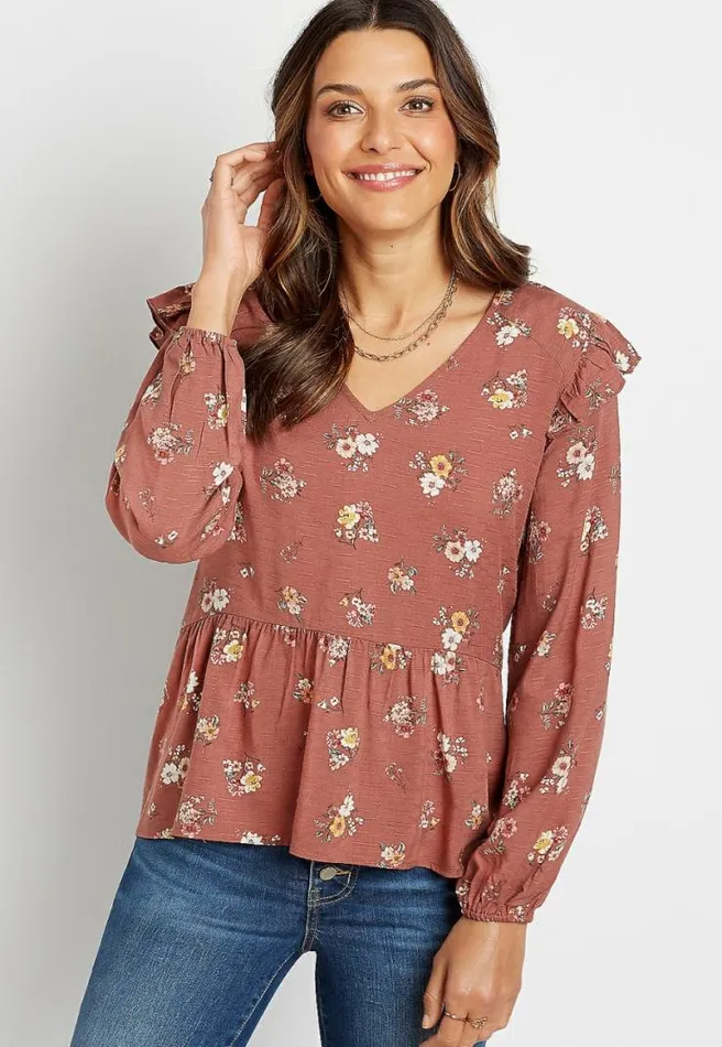 Floral Ruffle Trim Babydoll Top Women Maurices Tops