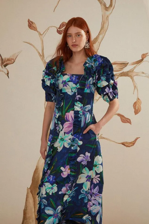 Floraline Ruffle Short Sleeve Midi Dress Women FARM Rio Midi Dresses