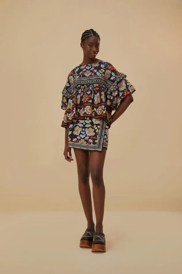Flowery Black Mini Skirt Women FARM Rio Skirts
