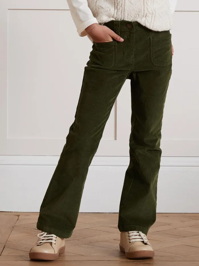 Girls Clothing Cyrillus Flared Corduroy Trousers Vert Chasse