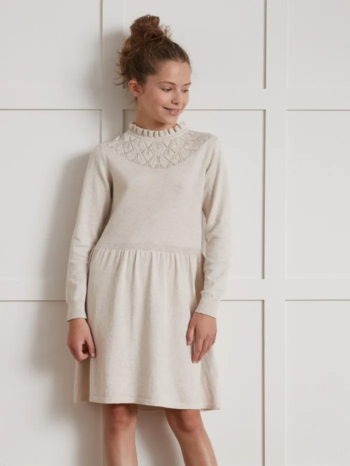Girls Clothing Cyrillus Pointelle Sweater Dress Beige Chine