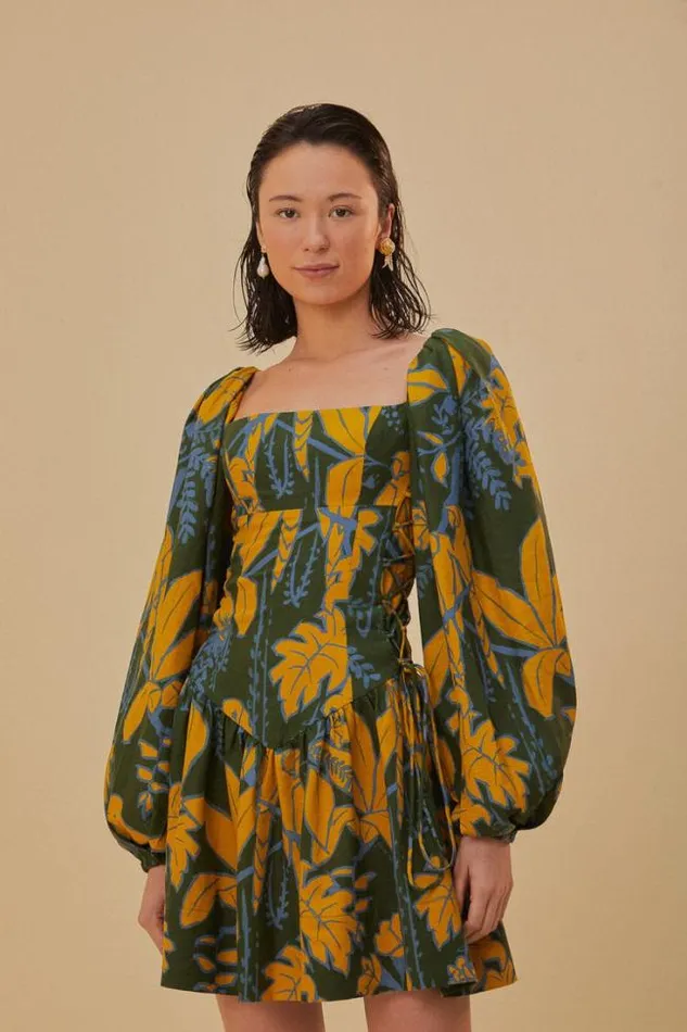 Green Foliage Sketch Lenzing Ecovero Euroflax Mini Dress Women FARM Rio Mini Dresses