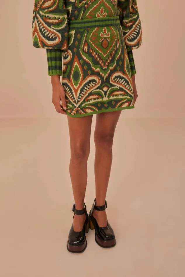 Green Pinneaple Ikat Knit Mini Skirt Women FARM Rio Skirts