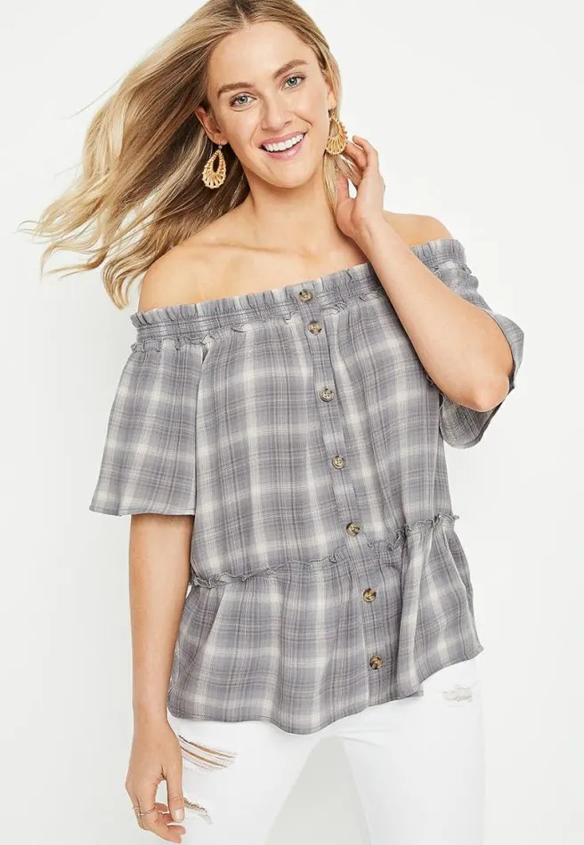 Grey Plaid Off The Shoulder Button Front Top Women Maurices Tops