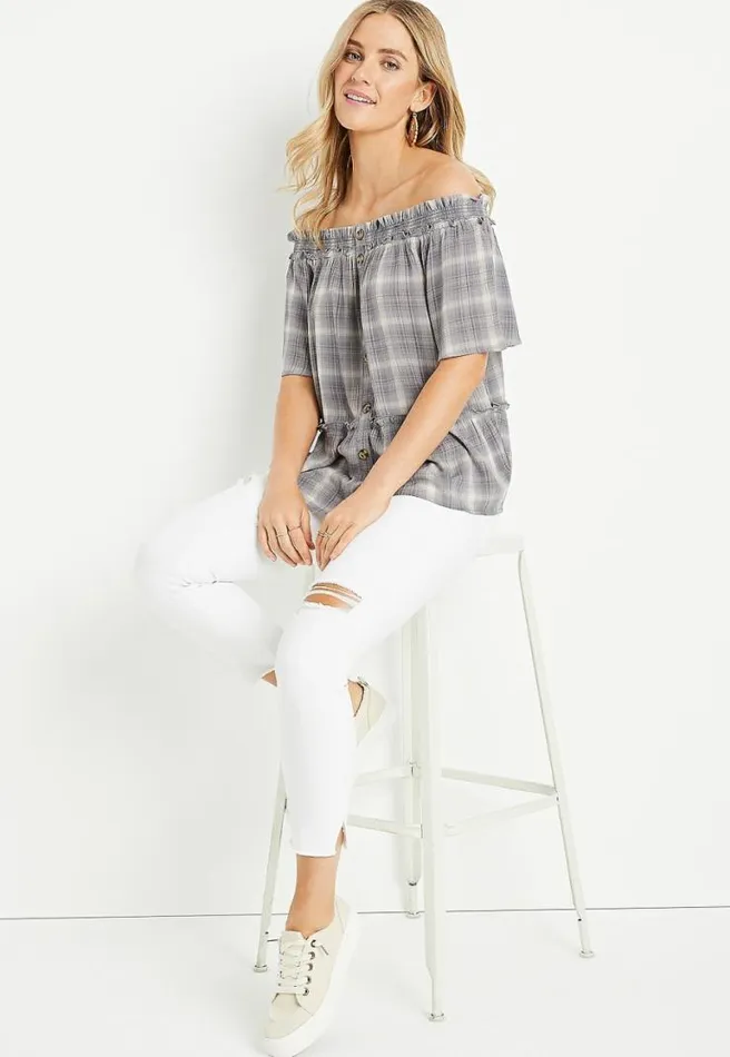Grey Plaid Off The Shoulder Button Front Top Women Maurices Tops